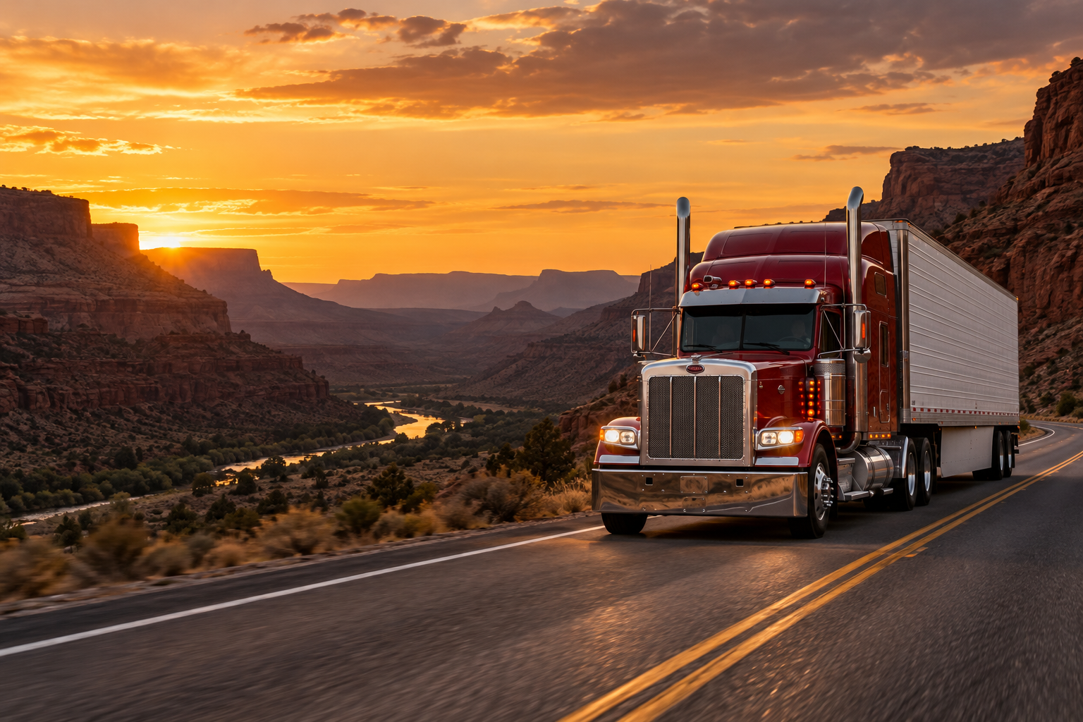 Red long-nose semi truck on a canyon highway at sunset
